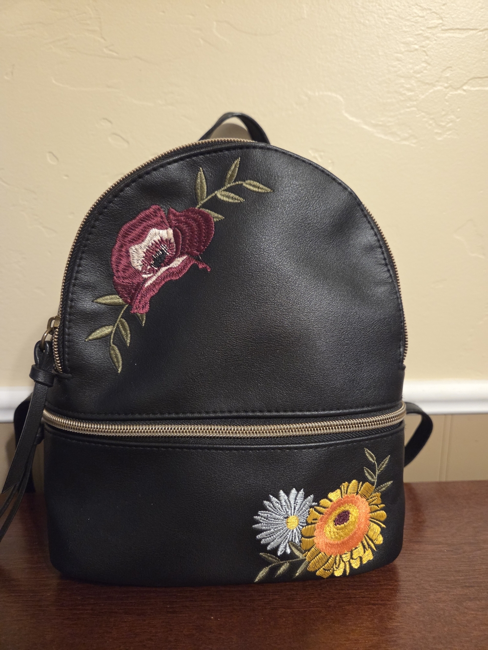 Black Floral Embroidered Mini Backpack